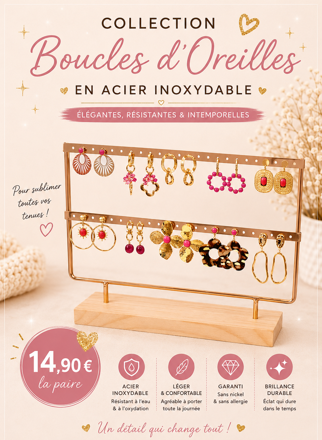 Boucles d'oreilles (rose) - acier inoxydable